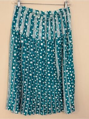 Vintage pleated midi skirt teal white polka dot stripe checker SZ 18